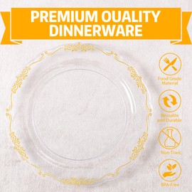 U-QE 100PCS Clear Gold Plastic Plates - Disposable Heavy Duty Clear Plates with Gold Rim Including 50PCS 10.25'' Dinner Plates & 50PCS 7.5'' Dessert Plates Perfect for Thanksgiving, Party, Wedding