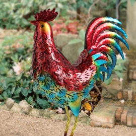 Kircust Solar Metal Rooster Animal Lights Garden Sculptures Art Decor, Outdoor LED Light Color Chicken Statue for Farm Patio Lawn Back Yard Home Decorations,13.98" WX5.9 DX16.74 H