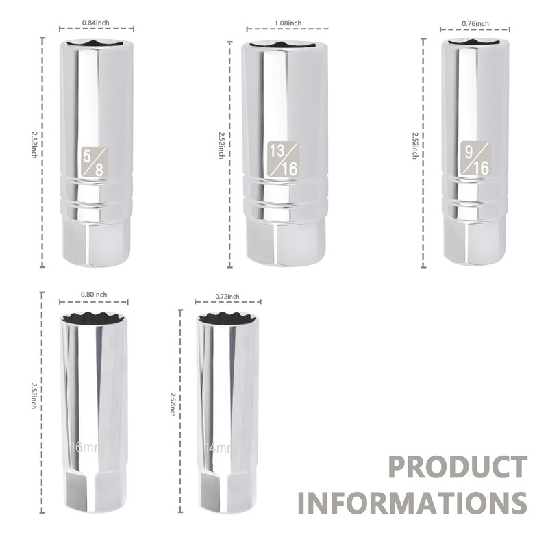 5PCS Magnetic Spark Plug Socket Set,Include Thin Wall 12 Point