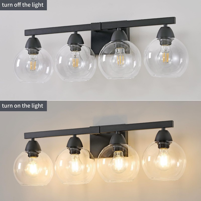 Ruibutrade Bathroom Light Fixtures, 4-Light Black Vanity Light with Hand-Blown