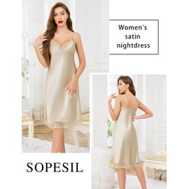 Sopesil Women's Negligees Satin Nightdress Spaghetti Strap Ladies Lace Nighties Chemise Slip V Neck Sleepwear Nightgown, Champagne, M