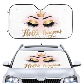 Hello Gorgeous Car Front Windshield Sun Shades, Gold Eye Eyelash Crown Auto Window Sunshade, Summer Sun UV Rays Blocker Visor Protector, Folding Sun Visor Shield Keep Your Vehicle Cool-51x27.5 in