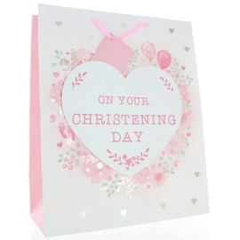 Large Christening Girl Gift Bag - White Pink Flowers & Glitter Heart 13x10.25"