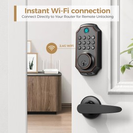 Keyless Entry Door Deadbolt with Handle Set, 5-in-1 Fingerprint Keyless Entry Door Lock – APP Control,Auto Lock, Easy to Install, Waterproof (with Upgraded Handle Set)