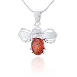 AMBEDORA Women’s Silver Necklace Bee with Amber, Polished Sterling Silver, Baltic Amber in Cognac Colour Silver Pendant with Chain