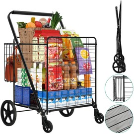 YITAHOME Super Jumbo Folding Shopping Cart Heavy Duty, Rolling Foldable Grocery Cart with Wheels, Portable Collapsible Utility Cart with Double Basket for Shopping Groceries Laundry Storage