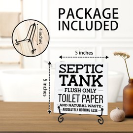 5"X5" Wooden Sign With Metal Stand - Septic Tank Flush Only Toilet Paper - Pine Wood Plaque, Home & Bathroom Desk Decor, Toilet Ornament, Shelf Supplies, Decorative Housewarming Gift - C09