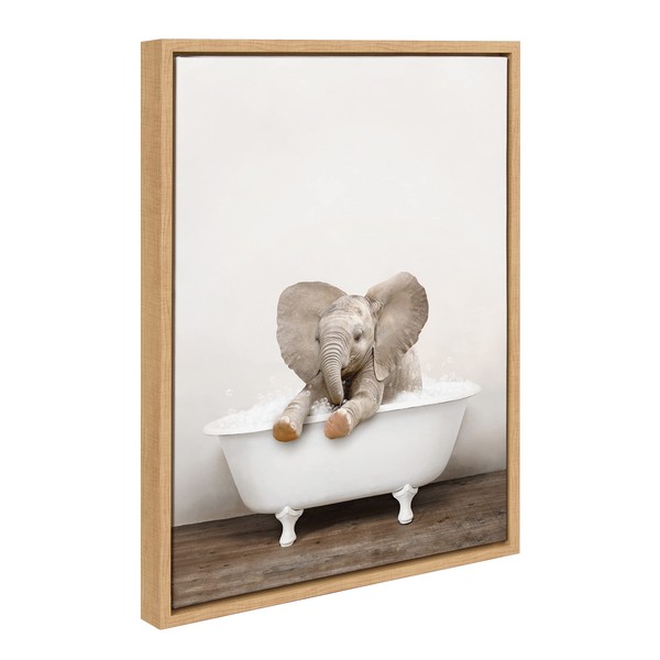 Kate and Laurel Sylvie Baby Elephant No 6 in Rustic Bath Framed Canvas Wall Art by Amy Peterson Art Studio, 18x24 Natural, Modern Fun Decorative Bathtub Wall Art for Home Décor