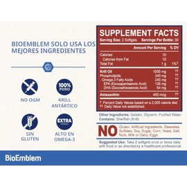 BioEmblem Suplemento de aceite de krill antártico, Aceite de omega-3 con altos niveles de EPA + DHA - 1000 mg, 60 cápsulas