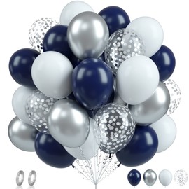 Biapian Navy Blue Silver Balloons, 60PCS Blue Silver White Balloons, 12Inch Metallic Silver Confetti Balloons Dark Blue and Silver Latex Balloons for Birthday Graduation Bridal Baby Shower Party
