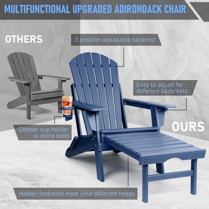 FUNBERRY Adjustable Folding Adirondack Chair with Retractable Ottoman, All Weather