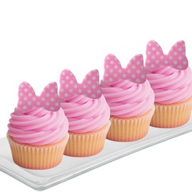 Pink Polka Dot Edile Bows for Cake and Cupcakes -24ct