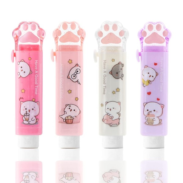 Pack of 4 Cat Paw Erasers, Sliding Retractable Eraser, Cat