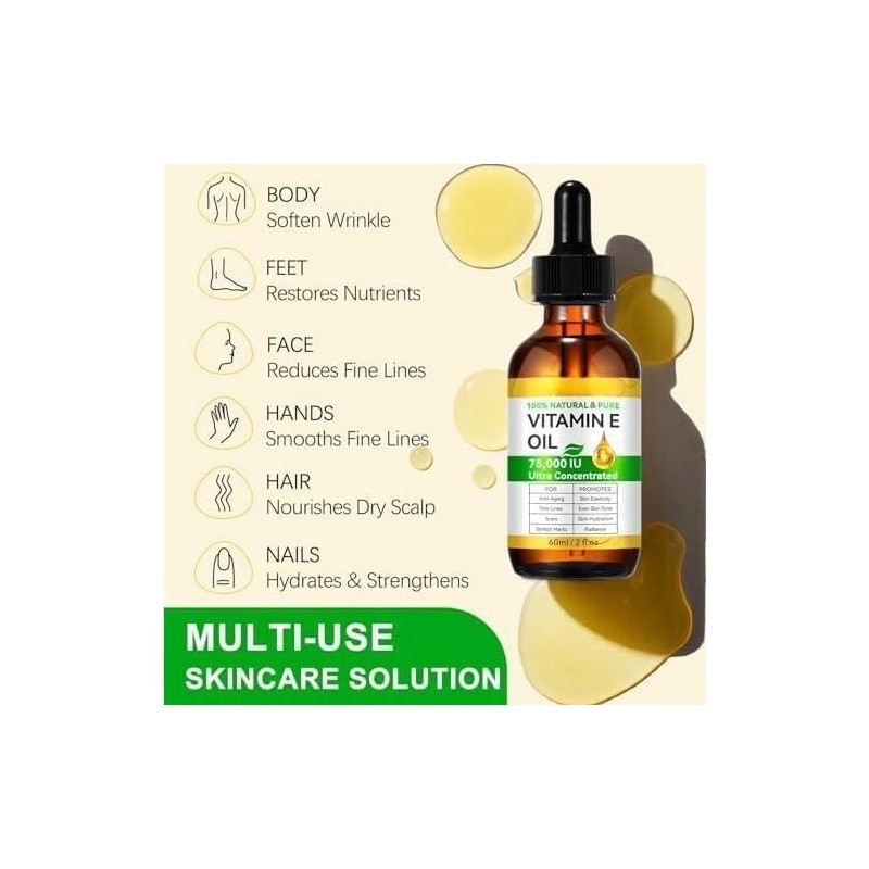 Aceite de Vitamina E para Masaje Corporal, 75000 UI, Orgánico,