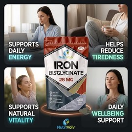 Iron Bisglycinate 28mg | 400 Tablets (6+ Months Supply) | Gentle High Absorption Iron Supplements for Women & Men | Immune System Booster | Ferrous Bisglycinate Form | Non-GMO | Vegan | by NutriVolv