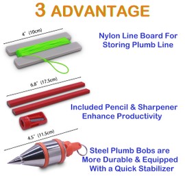 HCCMLOVE Plumb Bob - 8 oz(227g) Plumb-Rite With 16 ft(5m) String, Pencil Sharpener,2 Pencils,Line Reel Used in Construction Can Stretch The String Line Level and Quickly Stabilize the Door Plumb Bobs
