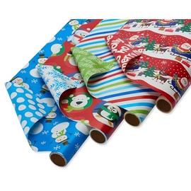 American Greetings Reversible Kids Christmas Wrapping Paper Rolls, Santa, Snowmen, Penguins, Polar Bears, Colorful Holiday Gift Wrap (160 sq. ft., 4 Rolls-30 in. x 16 ft.) Stripes, Dots, Snowflakes
