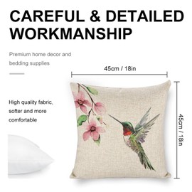 Icotoibabie Pink Peach Blossoms and Green-Headed Hummingbird Pillow Cases 18x18 Linen Pillow Covers Farmhouse Cushion for Sofa Car Chair Room Decor