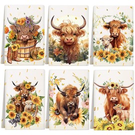 Redbaker Redbaker Set of 6 Highland Cattle Kitchen Towels Highland Cow Themed Dish Towels Absorbent Farm Cattle Watercolor Floral Tea Hand dishcloths Housewarming Gift for Farmhouse Kitchen(Vintage,Sunflower)