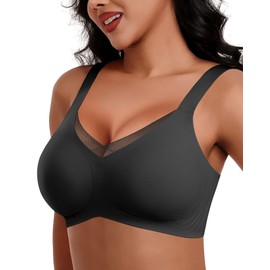 HORISUN Wireless Bras for Women, Non Wired Comfortable Seamless Support Bra Lift Full Coverage Bra Mesh Lace Deep V Plus Size Bralettes (Black 3XL)