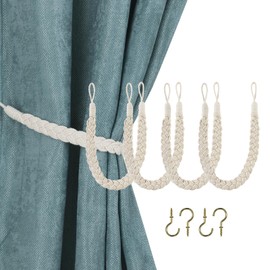 Home Queen - Lazos de cortina trenzados a mano, con hebilla y cierre de hebilla, lazo de cortina de algodón, 4 cuerdas con 4 ganchos de metal, color blanco roto