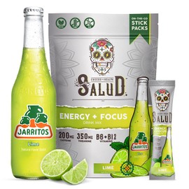 Salud x Jarritos 2-in-1 Energy Drink Powder + Focus, Lime, Organic Caffeine, B6 + B12, Theanine, Clean Energy Drink Packets, Limon Agua Fresca Mix, Non-GMO, Gluten Free, 1g of Sugar, (15 Servings)