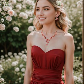 Clearine Wedding Jewellery Set for Women Bride, Y-Necklace Dangle Earrings Set Stunning Crystal Teardrop Leaf Flower Cluster Prom Jewellery for Bridal Bridesmaid Ruby Gold-Tone