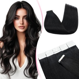 MY-LADY Invisible Tape in Hair Extensions Human Hair - 20pcs Remy Straight Real Hair #1 Jet Black - 22 Inch 50g