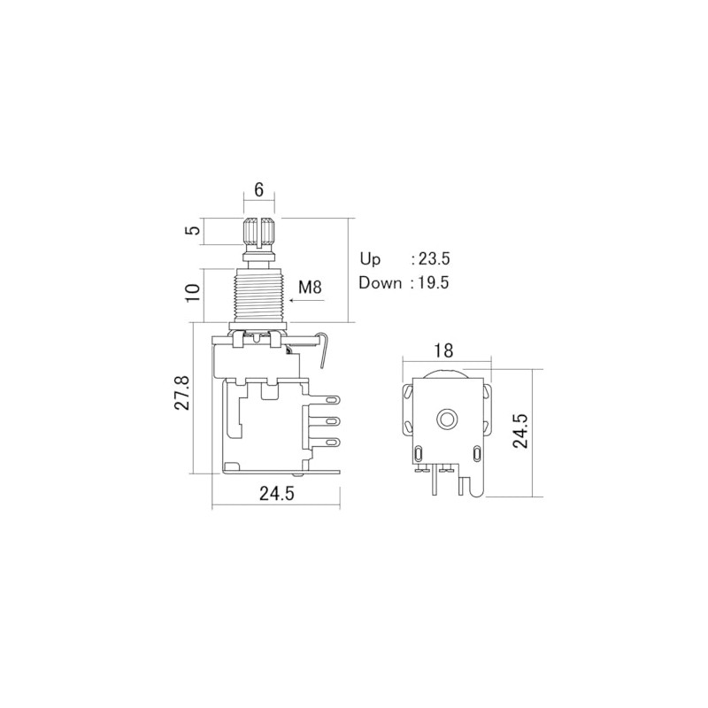 SCUD PU-PUSH-500A Switch Pot, PUSH-PUSH Lock, 500KΩ, A-Curve, Millimeter Size,