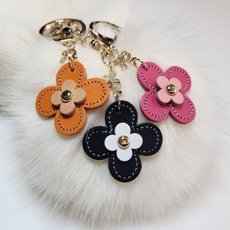 byDream Clover Flower Charm Key Chain Genuine Leather Bling Rhinestone