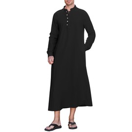 NANAMEEI Thobe For Men Islamic Men's Cotton Linen Robe Mens Nightgown Abaya For Men Black L