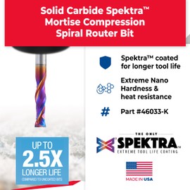 Amana Tool 46033-K CNC SC Spektra Extreme Tool Life Coated Mortise Compression Spiral 1/4 D x 7/8 CH 1/4 SHK 3 Inch Long 2 Flute Router Bit