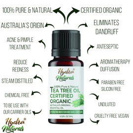 Hydra Naturals 100% Pure & Organic Essential Tea Tree Oil, Purifying, Natural, Vegan, Cruelty Free, Paraben & SLS Free 10ml