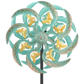 Jusimux Metal Wind Spinner Outdoor, Golden Butterfly Kinetic Wind Sculpture Spinners with Metal Stake, Yard Art Decor for Patio, Lawn & Garden, Creative Gifts 57.5 * 13.4 Inch