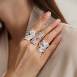 IMINI Rhinestone Butterfly Wrap Ring Open Statement Rings Sparkling Crystal Cubic Zirconia Leaf Engagement Promise Wedding Ring Expandable Finger Band Dainty Jewelry Gifts for Women Girls