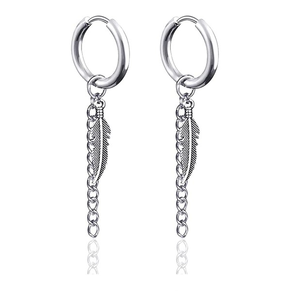 Fusamk Punk Rock Stainless Steel Long Chain Earrings Feather Huggie