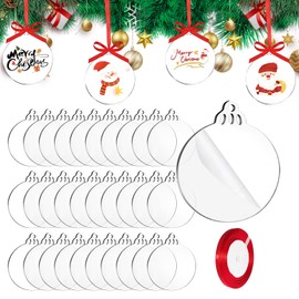 TAIANJI 30 Pcs Christmas Bauble Acrylic Clear Disc, Acrylic Round Ornaments with Red Ribbon, DIY Blank Acrylic for Xmas Tree Party Hanging Decoration Supplies (10cm)