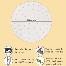 8in Steamer Liners, Air Fryer Parchment Paper Liners, Bamboo Round Perforated Anti-stick Waterproof 100% Pure Raw Wood Pulp by EBIGIC