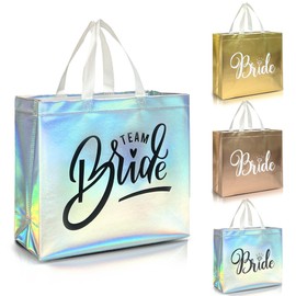 Nush Nush Set of 12 Reusable Iridescent Bridesmaids Gift Bags In Bulk With 3 x Bride and 9 x Team Bride Party Bags - Wedding Favors, Bachelorette Party, Bridesmaid Gifts, Bridal Shower- 11" x 5" x13"