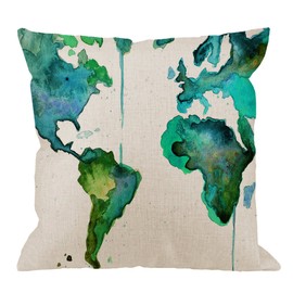 HGOD DESIGNS World Map Pillow Case,Green Watercolor World Map Cotton Linen Cushion Cover Square Standard Home Decorative for Men/Women 18x18 inch Green