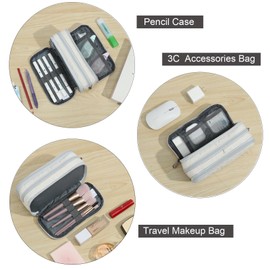 Della Gao Large Pencil Case，Big Capacity Pencil Pouch with 3 Compartments, Office Pencil Bag with Zipper, Big Pen Case for Adults (Beige-03RH)