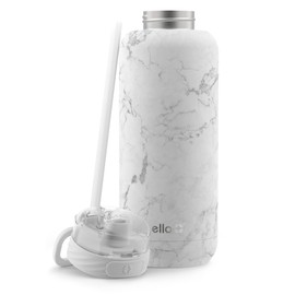Ello Cooper 32oz Stainless Steel Water Bottle with Straw and Carry Handle, Double Walled and Vacuum Insulated Metal, Leak Proof Locking Lid with Soft Silicone Spout, Reusbale, BPA Free, White Marble
