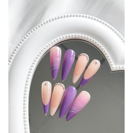 Press on Nails Long Stiletto MABKJLF French Fake Nails Purple Gradient Full Cover Glue on Nails Rhinestones False Nails with Designs Glossy Acrylic Nails Artificial Nails for Women Girls 24 Pcs