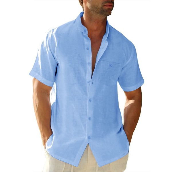 Xenuay Camisas de manga corta con botones para hombre, cuello de banda, algodón y lino, ajustadas, para verano, playa, con bolsillo, Azul / Patchwork, X-Large