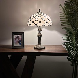 enjoy decor lamps Tiffany Table Lamp White Stained Glass Crystal Beans Included LED Bulb for Living Room Bedroom Bedside 12" W*12" D*19" H