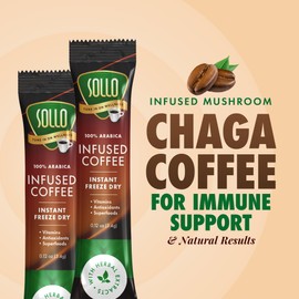 Sollo Infused Instant Mushroom Coffee Sticks, Memory & Clarity Support, 100% Chaga, Medium-Dark Roast, Arabica Freeze Dried Coffee in Single Serve Sticks, 24 Per Pack