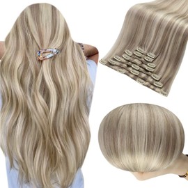 Full Shine 12 Inch Blonde Human Hair Clip In Extensions Straight Hair Color Dark Ash Blonde Highlighted Medium Blonde Human Hair Extensions Clip Ins 100 Gram 7Pcs Human Hair Clip Ins For Women