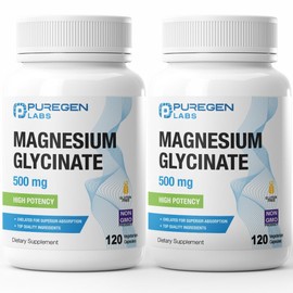 P Puregen Labs- Glicinato de Magnesio 500mg [Alta Potencia] Tapas Vegetales, Queladas para una Absorción Superior, Sin OGM, NO                        