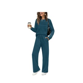 WIHOLL Women's Two Piece Sets Winter Long Sleeve Travel Outfits Trendy Lounge Tracksuit Fall Wide Leg Sweatpants Matching Sweat Set Blue XL