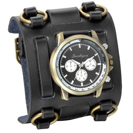 JewelryWe Hip-hop Gothic Leathernk Style Mens Wrist Watch 74MM Wide Black Leather Cuff Watches